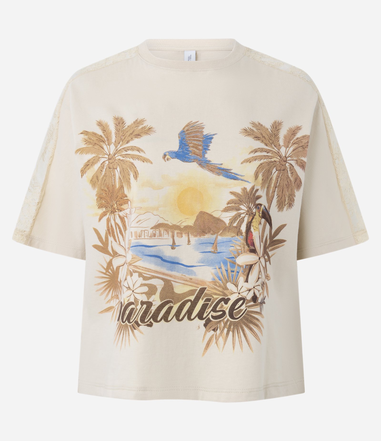 Blusa Ombro Rendado com Estampa Paisagem Paradise e Modelagem Diferenciada Bege 5