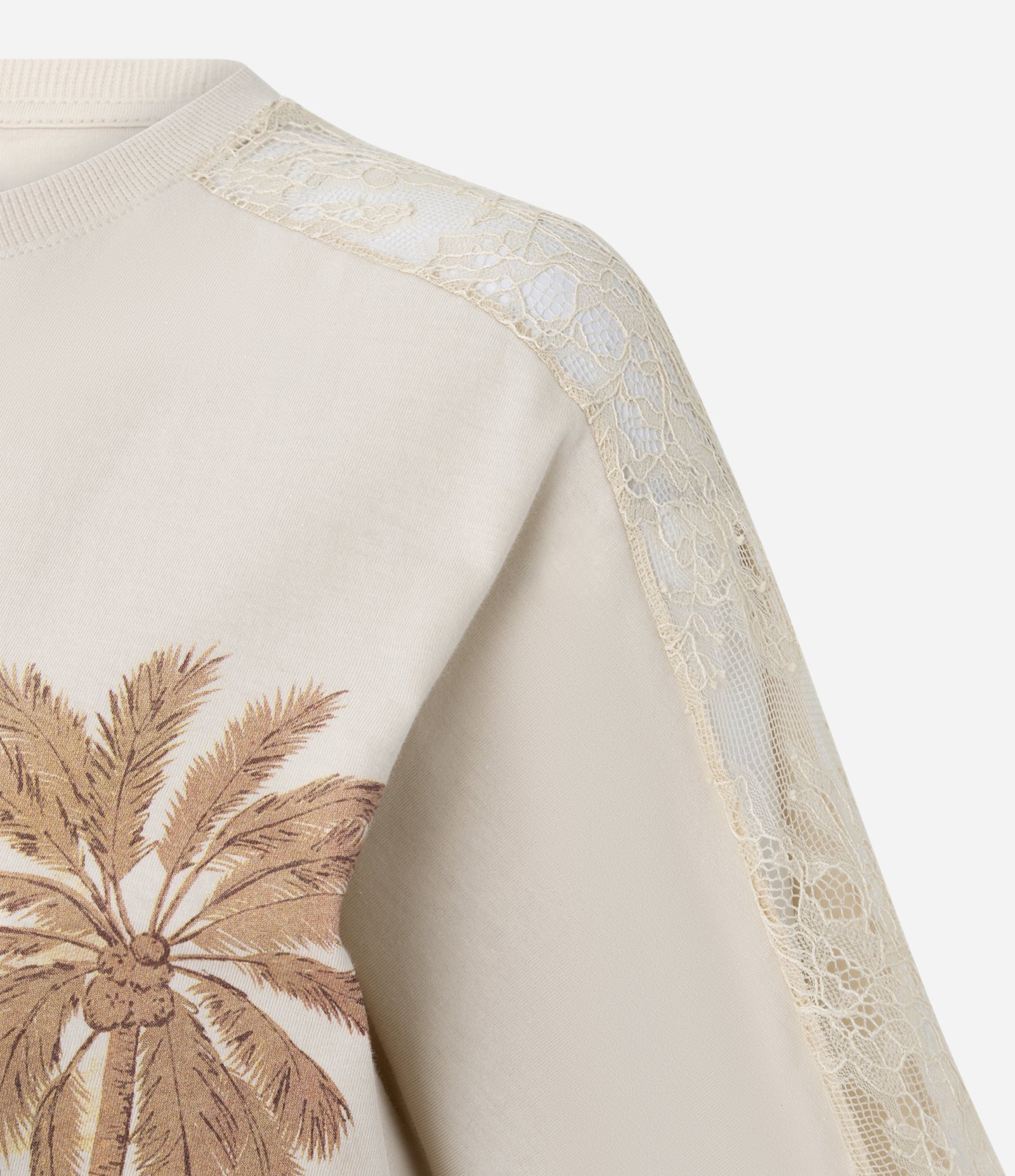 Blusa Ombro Rendado com Estampa Paisagem Paradise e Modelagem Diferenciada Bege 6