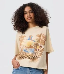 Blusa Ombro Rendado com Estampa Paisagem Paradise e Modelagem Diferenciada