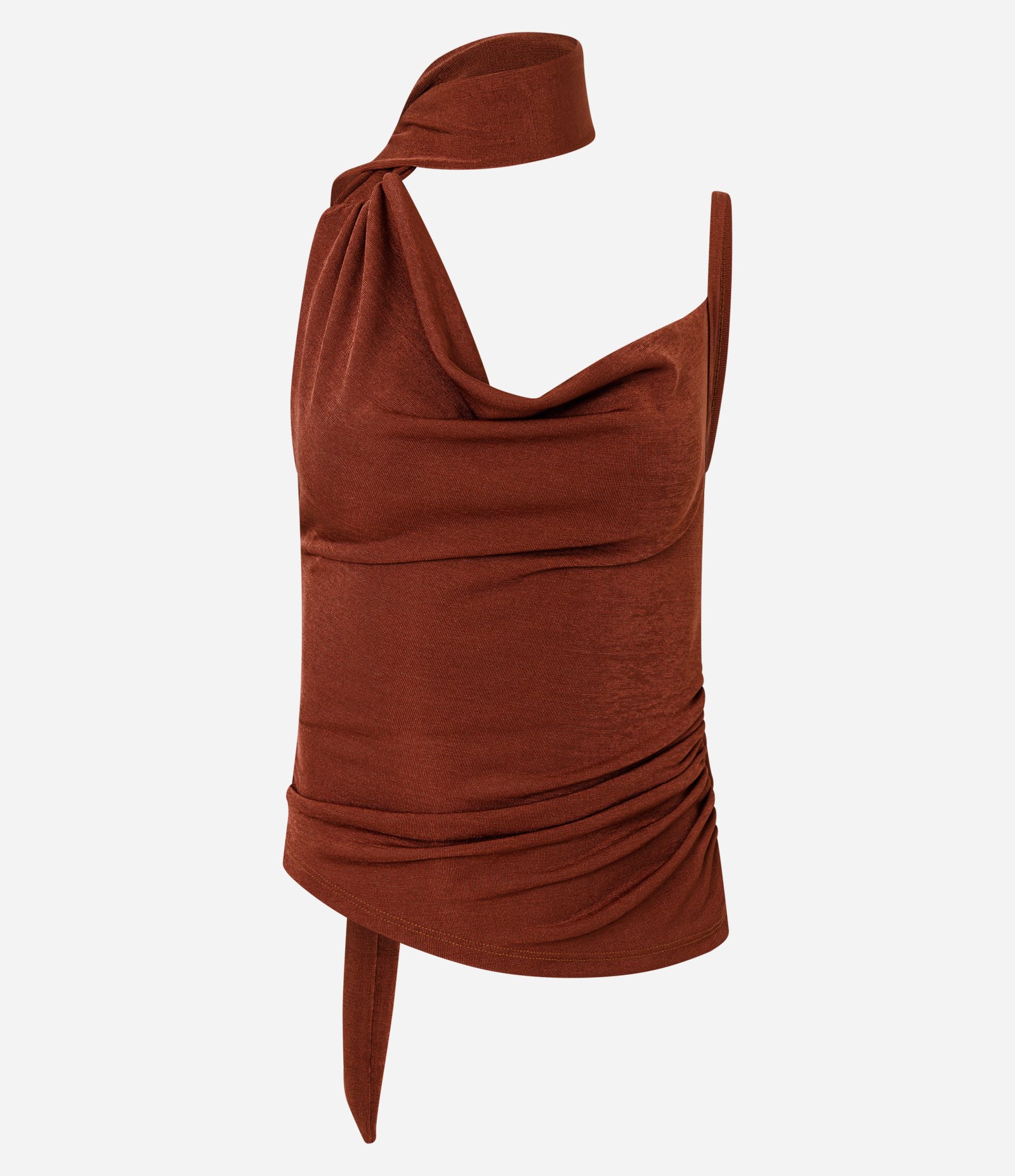 Blusa em Ribana Brilhosa com Decote Degagê e Echarpe Marrom 5