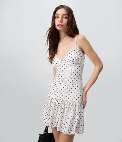 Vestido Curto Balonê de Alcinha em Anarruga com Estampa Poá