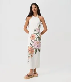 Vestido Midi Texturizado com Gola Halter e Estampa Floral