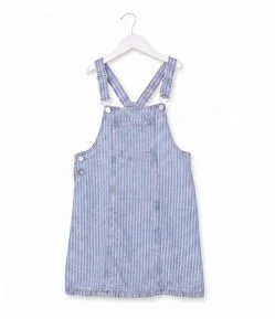 Salopete Infantil Em Algodão Jeans Listrada com Bolso Frontal - Tam 5 a 16 Anos