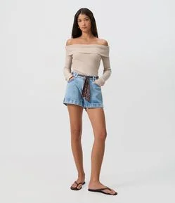 Short em Jeans com Cintura Alta Lenço e Ilhós