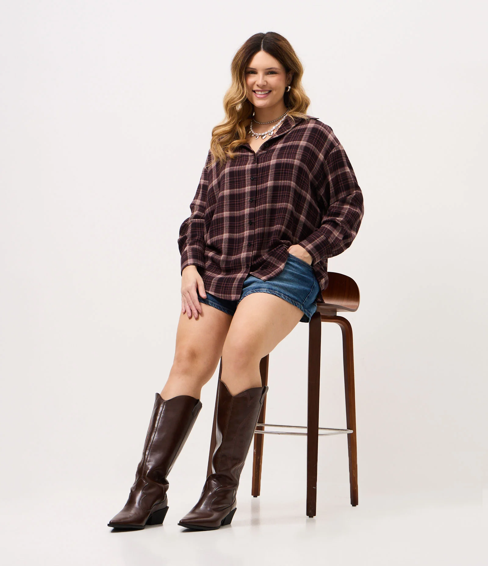 Camisa Oversized com Estampa Xadrez Curve & Plus Size Vinho 1
