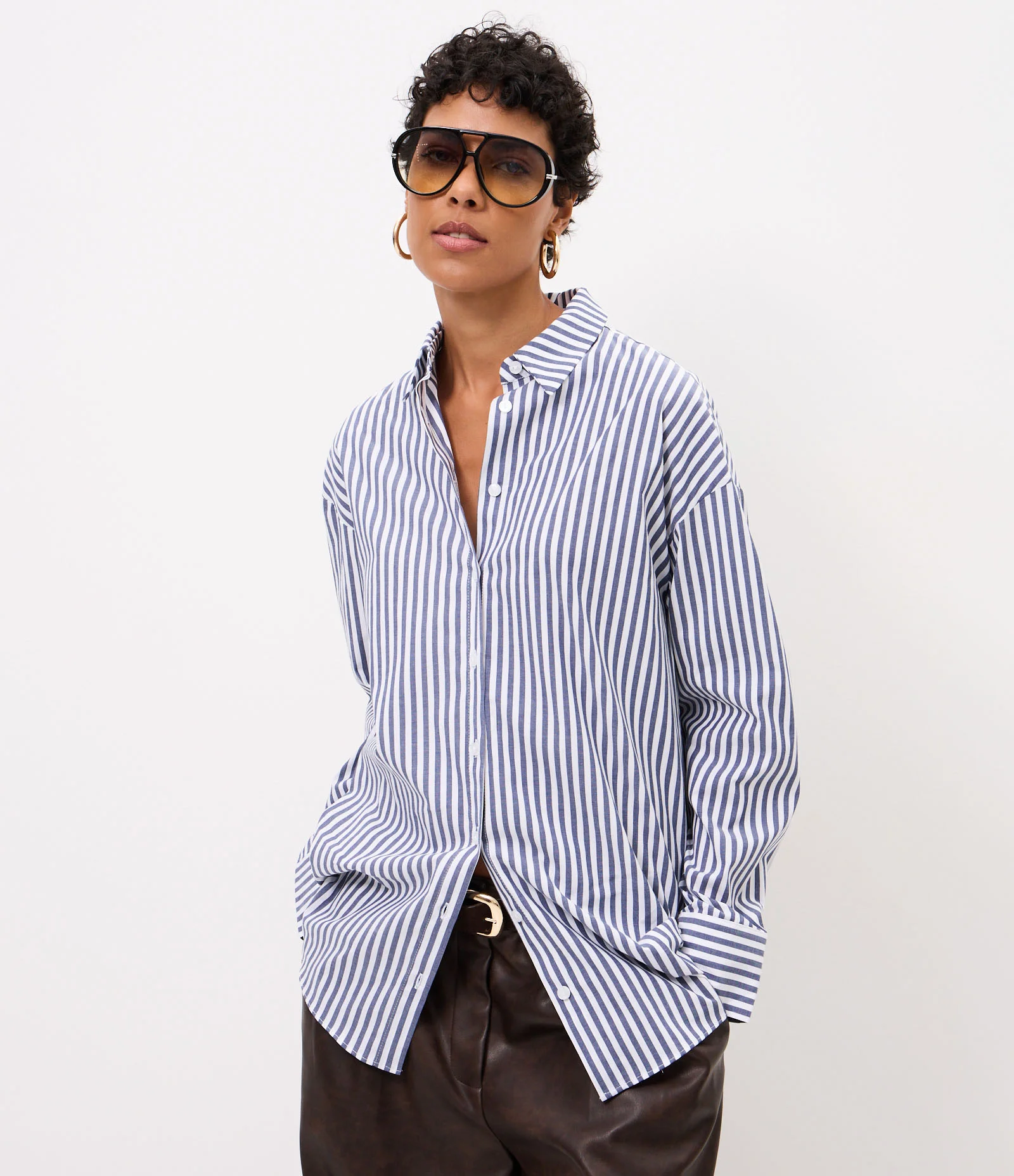 Camisa Over em Tricoline Listrada Azul 1