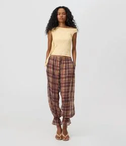Calça Aladim em Chiffon Xadrez com Franzido no Tornozelo