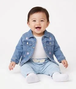 Jaqueta Bebê em Jeans com Bordado de Moranguinhos - Tam 0 a 18 Meses