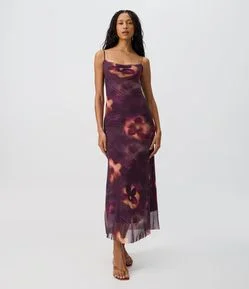 Vestido Midi em Tule Estampado com Costas Abertas e Amarração