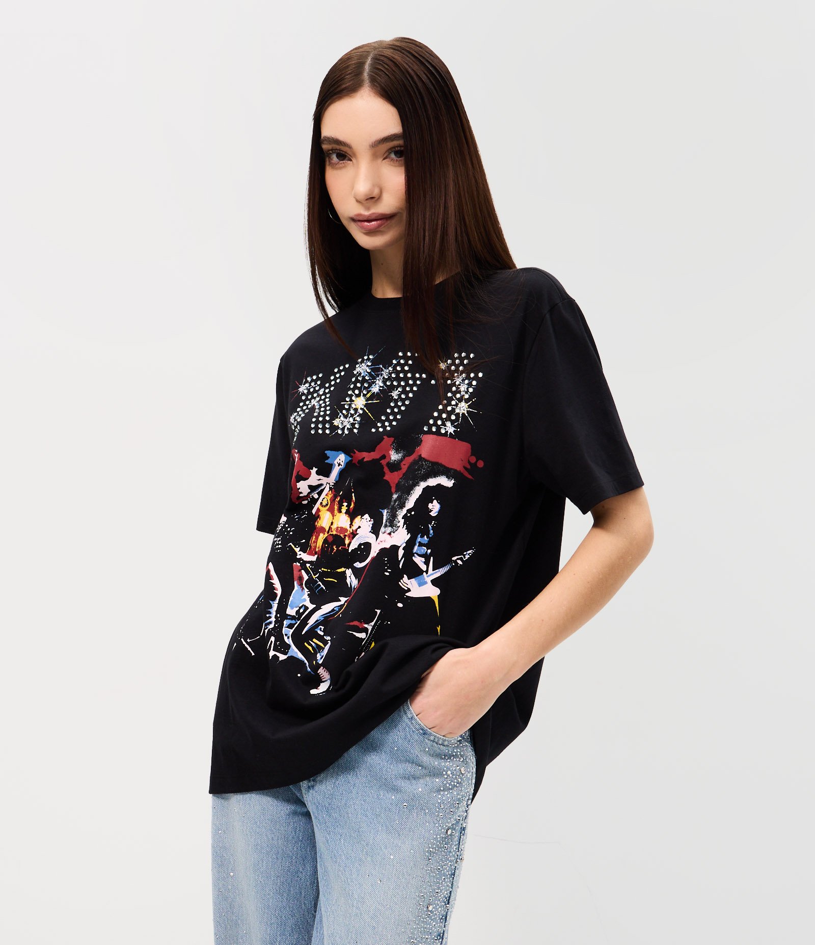 Camiseta em Algodão com Estampa Banda Kiss com Lettering Brilhoso Cinza 1