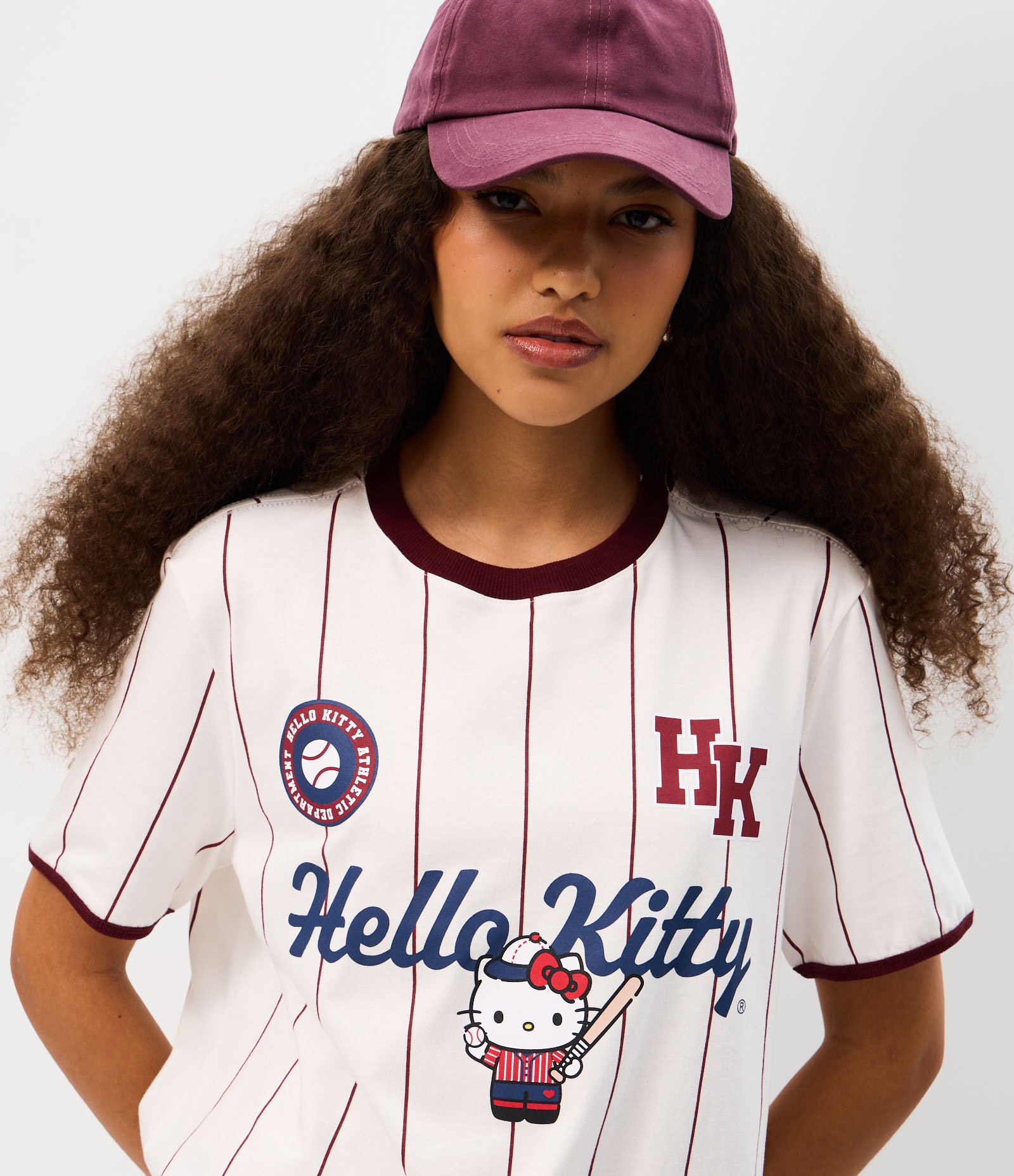 Camiseta em Algodão com Estampa Hello Kitty Baseball com Listras Branco 1