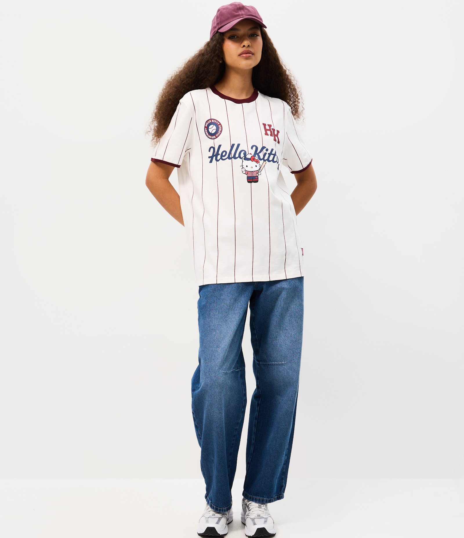 Camiseta em Algodão com Estampa Hello Kitty Baseball com Listras Branco 2