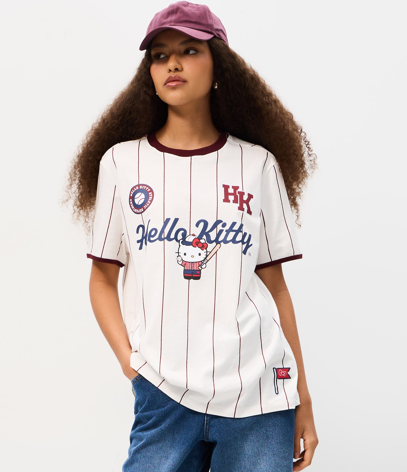 Camiseta em Algodão com Estampa Hello Kitty Baseball com Listras Branco 3