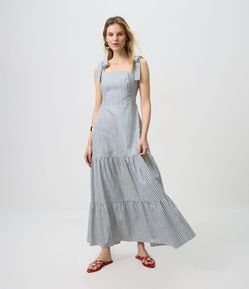 Vestido Longo em Sarja com Laço na Alça e Listras