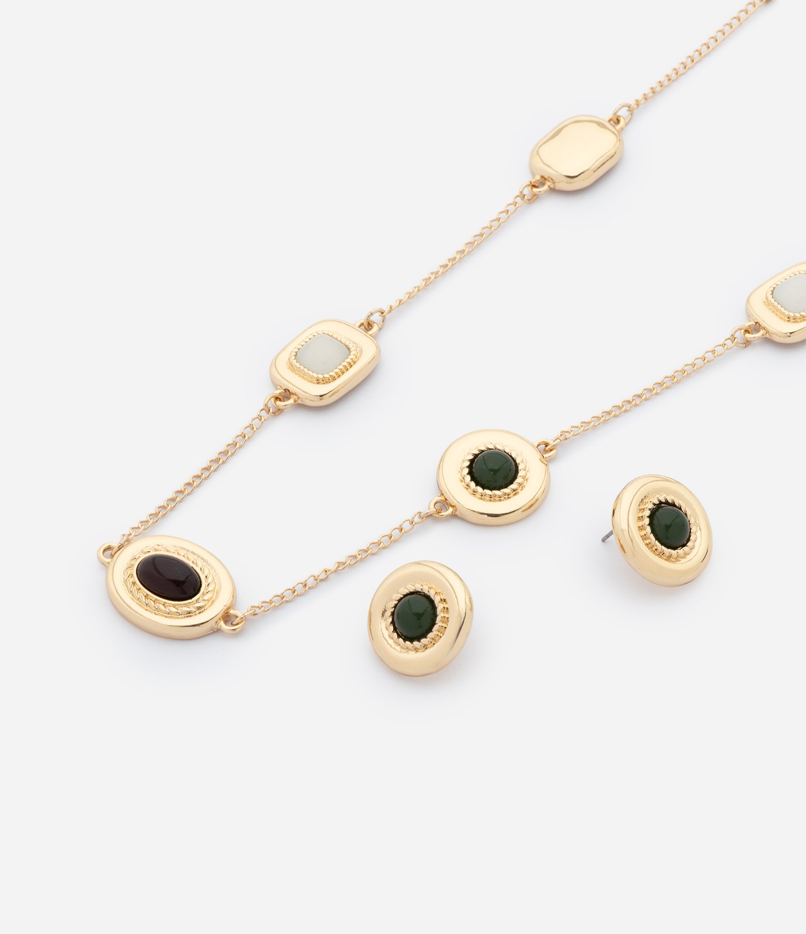 Conjunto com Colar Longo e Brincos com Aplicações em Resina Dourado 1