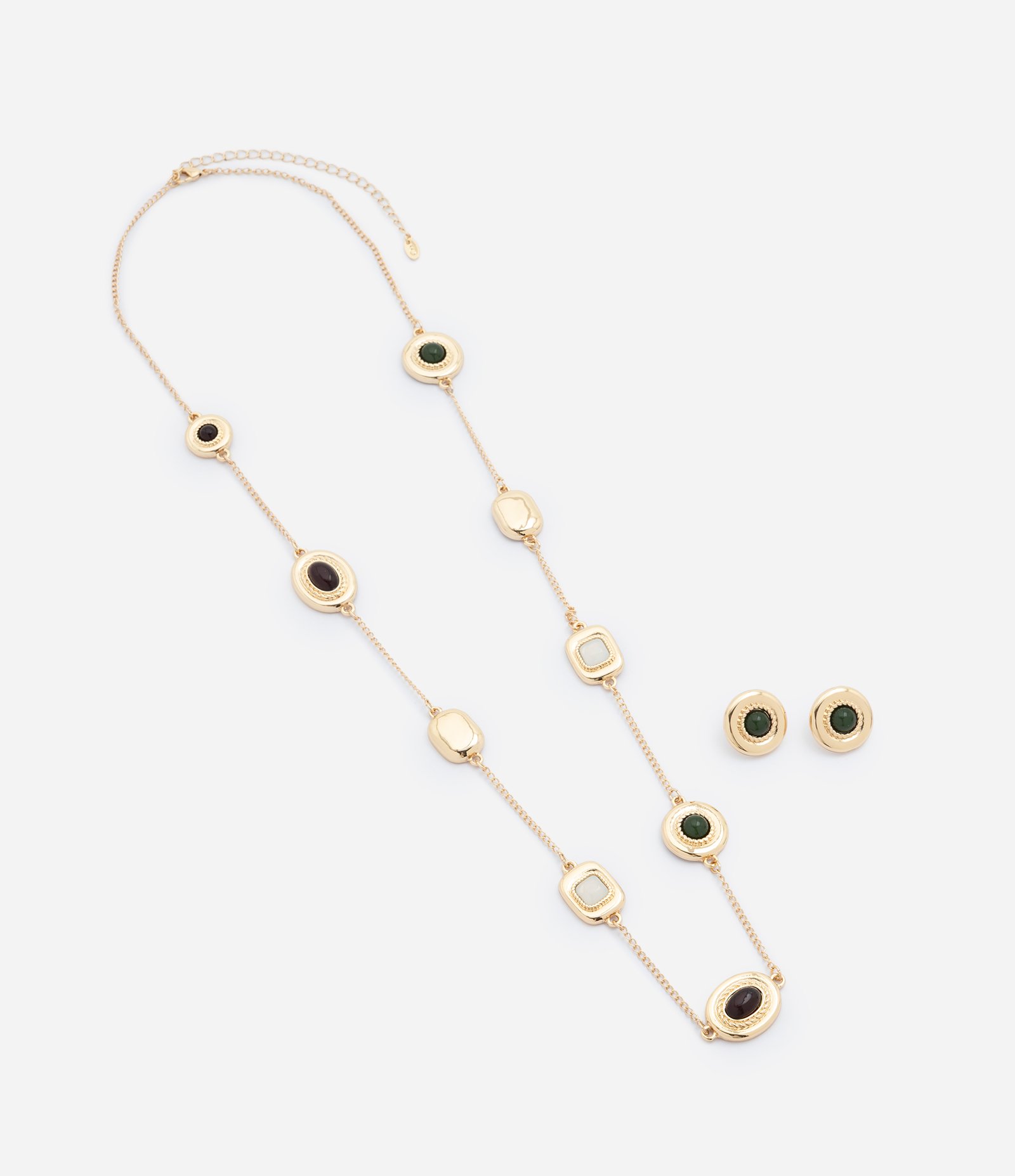 Conjunto com Colar Longo e Brincos com Aplicações em Resina Dourado 2