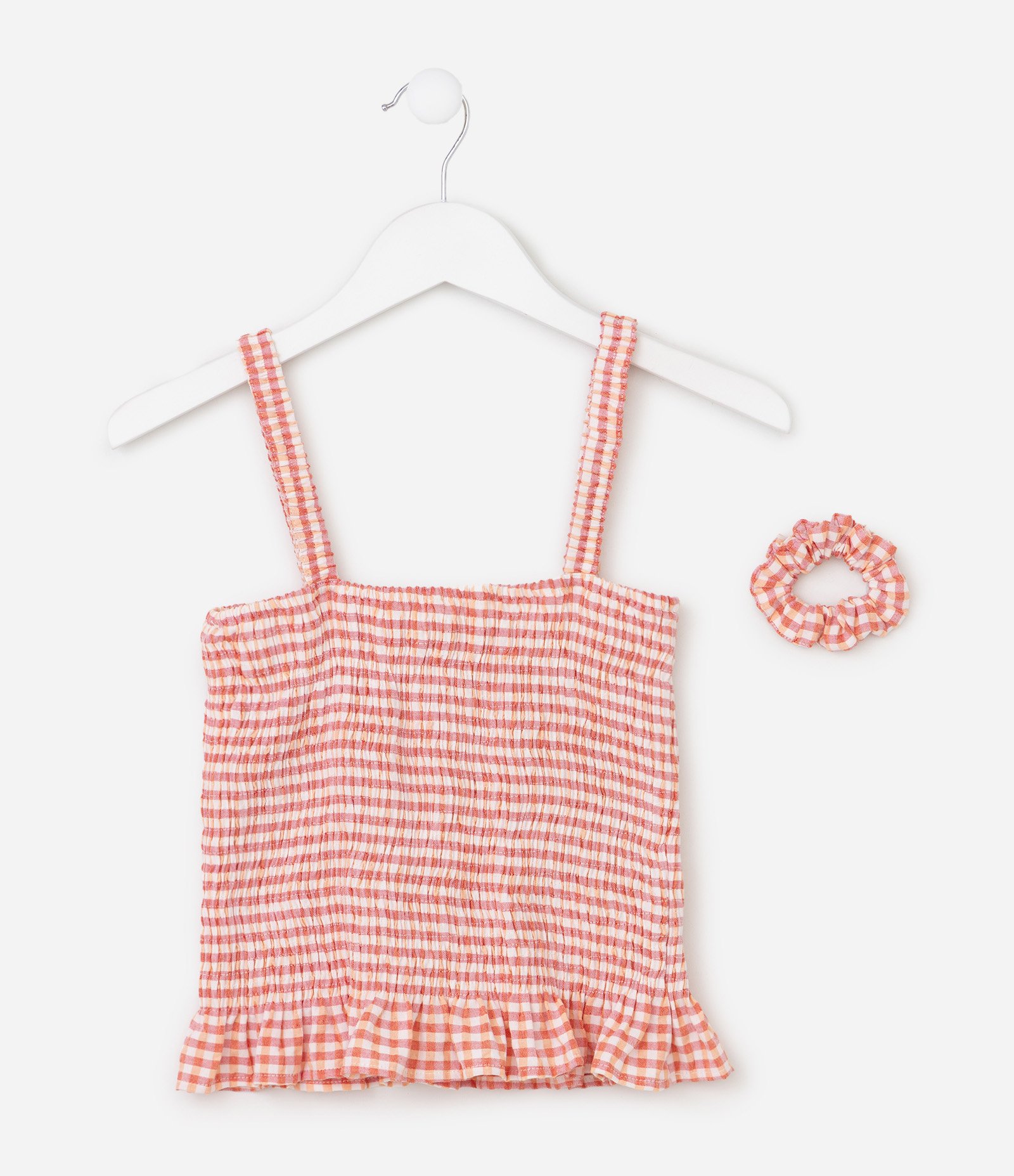 Blusa Infantil Em Algodão Vichy com Lastex - Tam 5 a 16 Anos Laranja 1