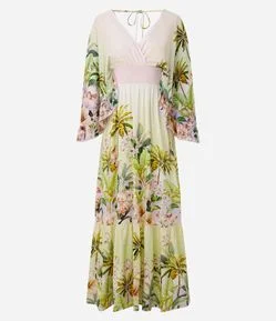 Vestido Long Midi com Estampa Tropical e Cintura Franzida