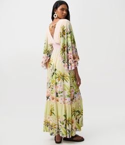 Vestido Long Midi com Estampa Tropical e Cintura Franzida