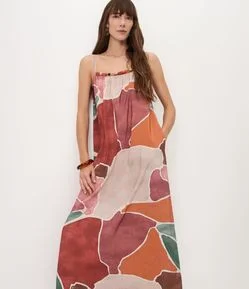 Vestido Midi em Viscose com Alças Finas e Estampa Geométrica