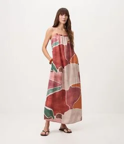 Vestido Midi em Viscose com Alças Finas e Estampa Geométrica