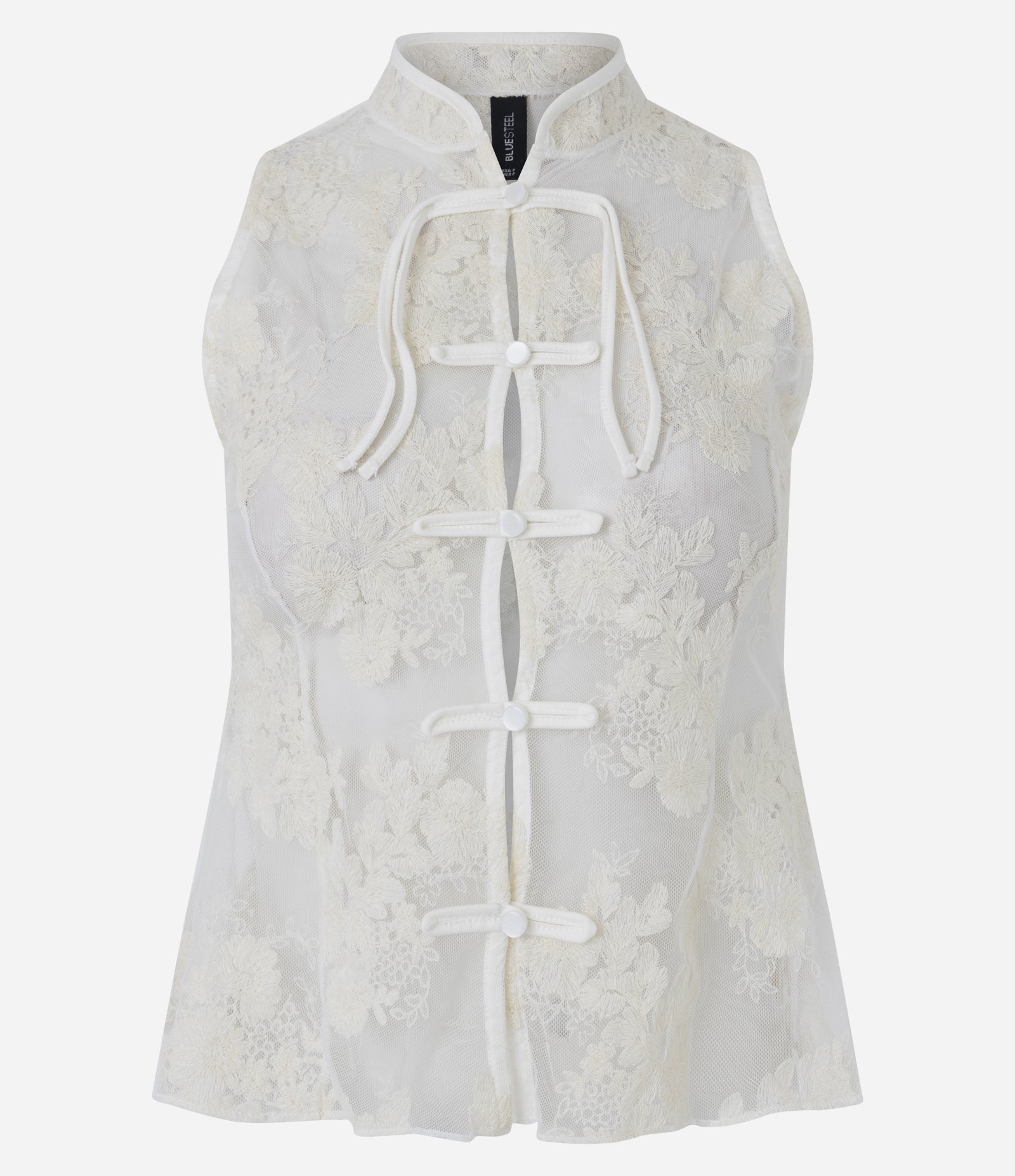 Blusa em Tule com Renda Floral Texturizada e Fechamento Frontal Off White 5