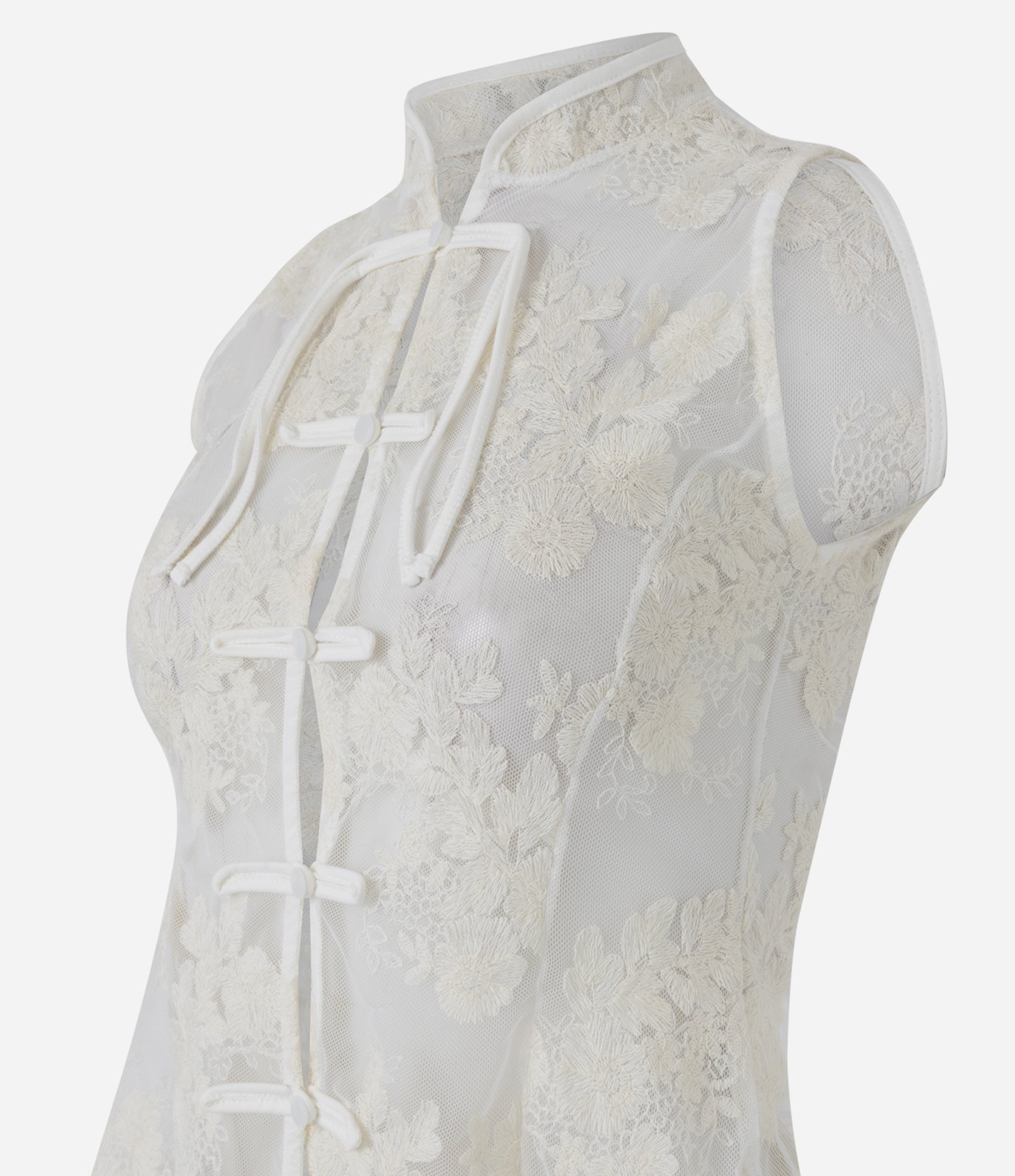 Blusa em Tule com Renda Floral Texturizada e Fechamento Frontal Off White 6