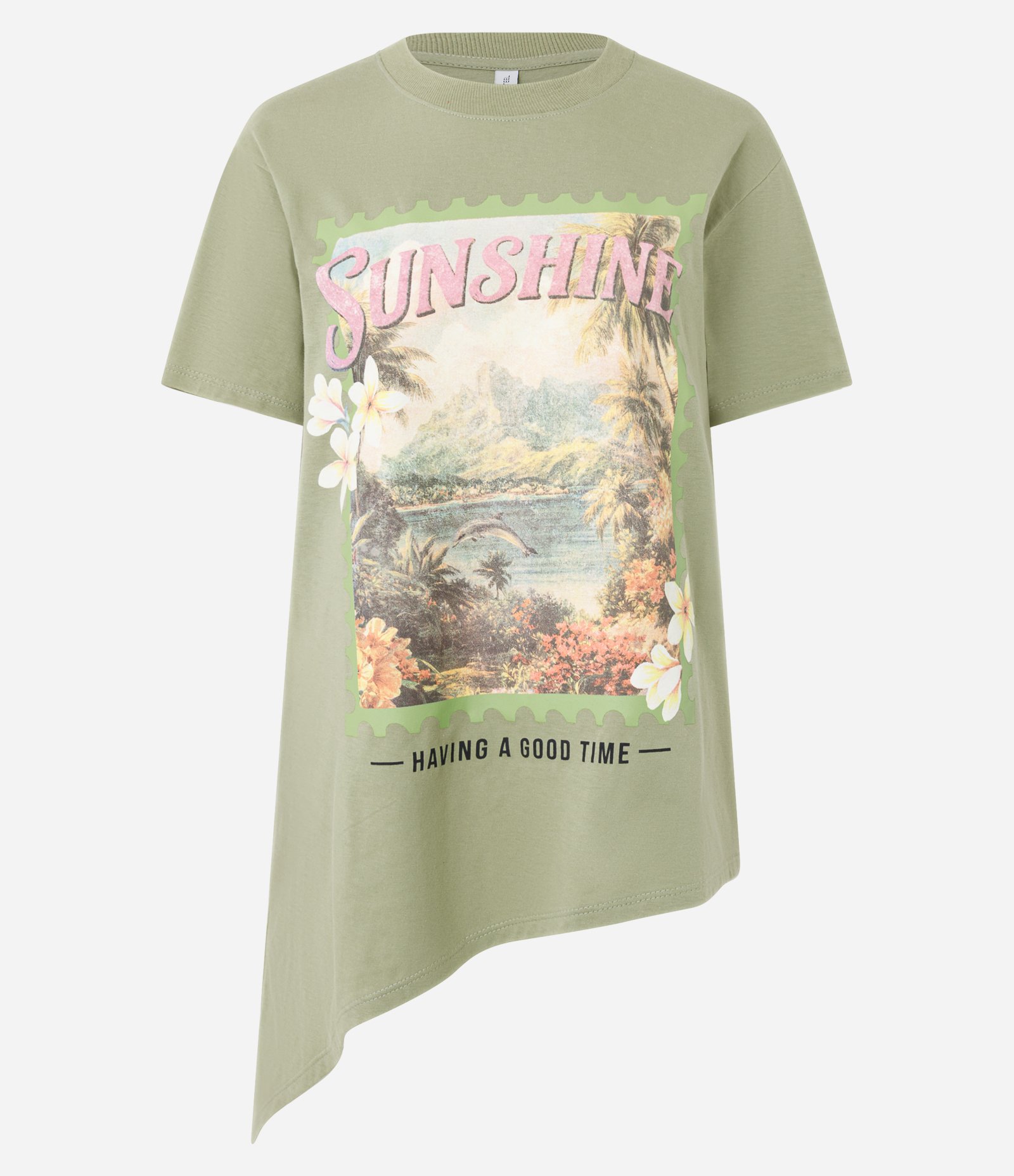 Camiseta Alongada em Algodão com Estampa Sunshine e Barra Assimétrica Verde 5