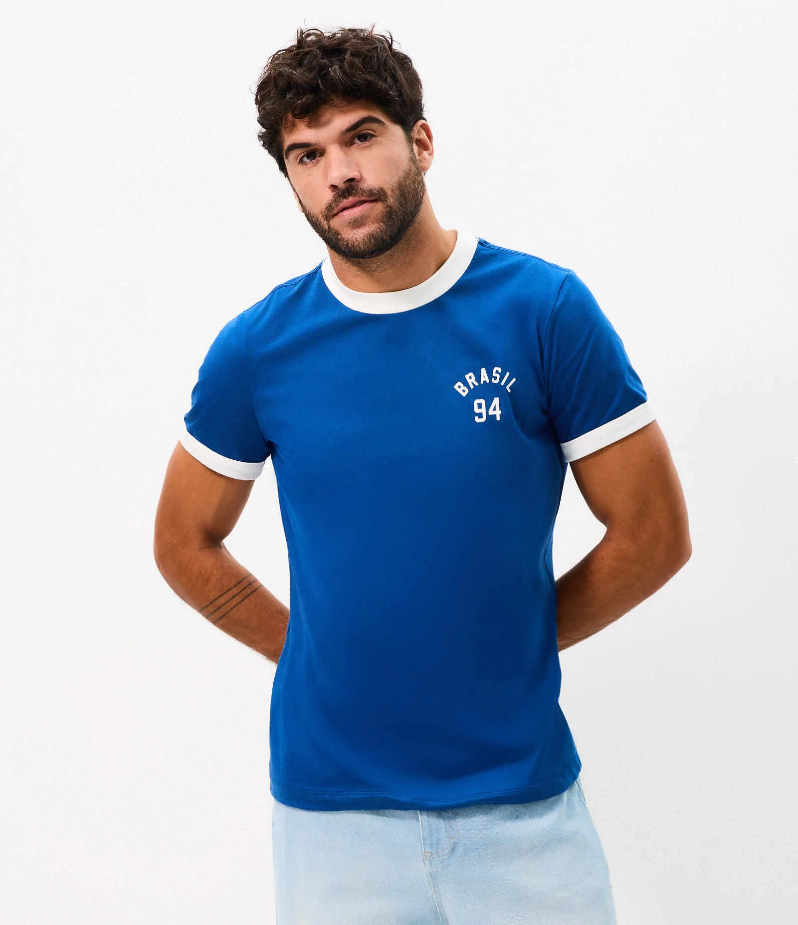 Camiseta Regular Algodão Ribana Contrastante Brasil Azul 1