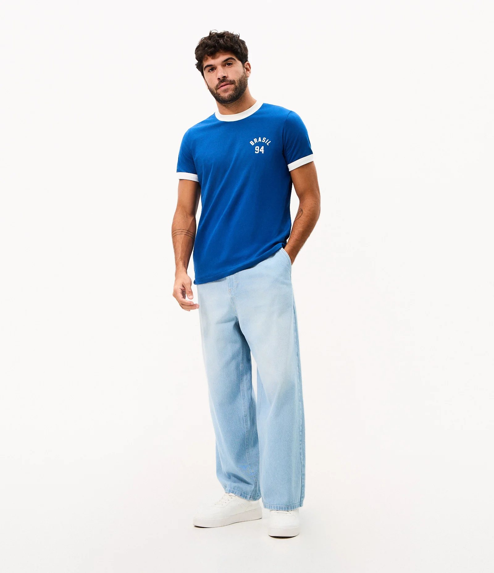 Camiseta Regular Algodão Ribana Contrastante Brasil Azul 2