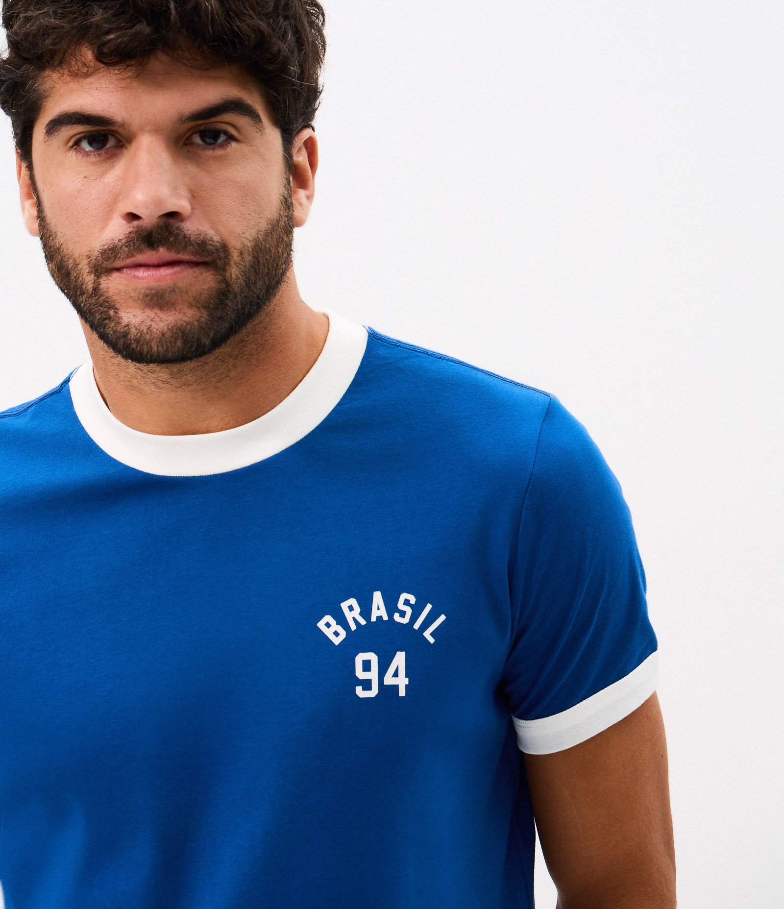 Camiseta Regular Algodão Ribana Contrastante Brasil Azul 4
