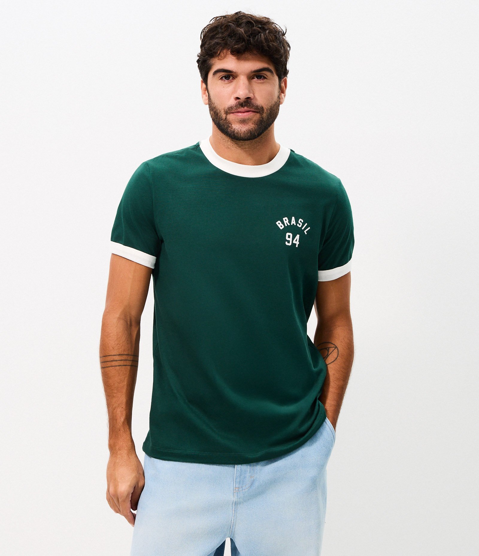 Camiseta Regular Algodão Ribana Contrastante Brasil Verde 4