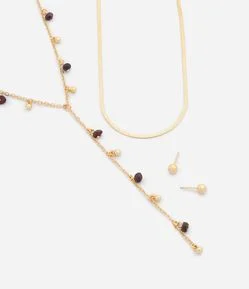 Conjunto de Colar Camadas com Pedras e Brincos de Esfera