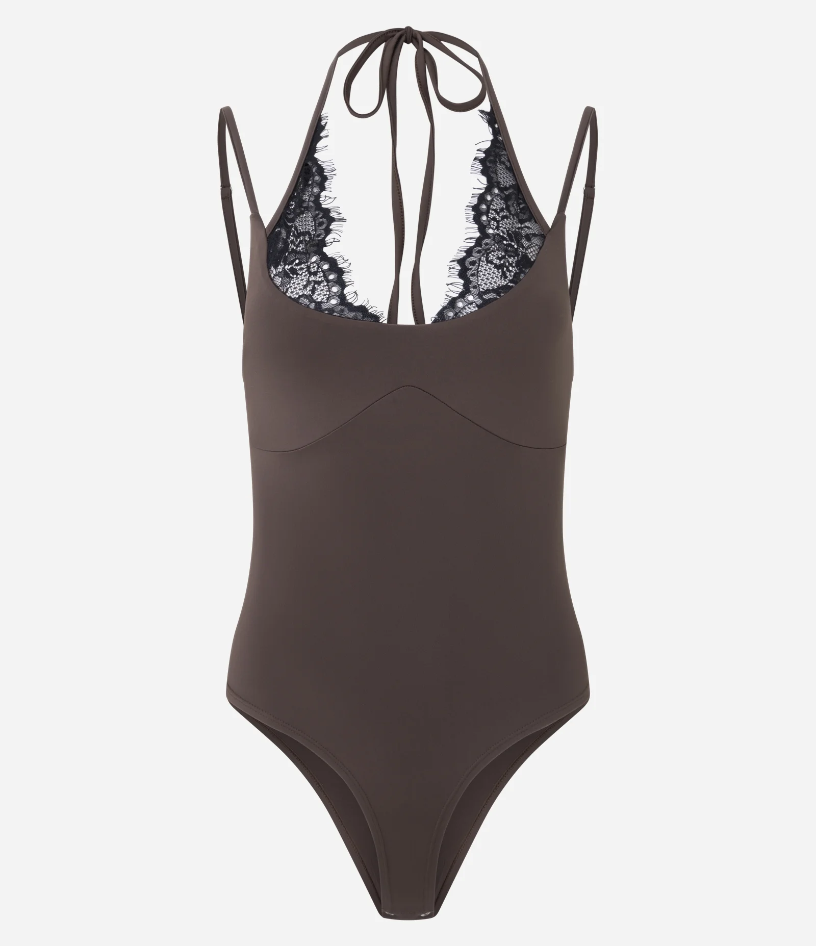 Body em Poliamida com Decote Halter e Detalhes em Renda Marrom 1