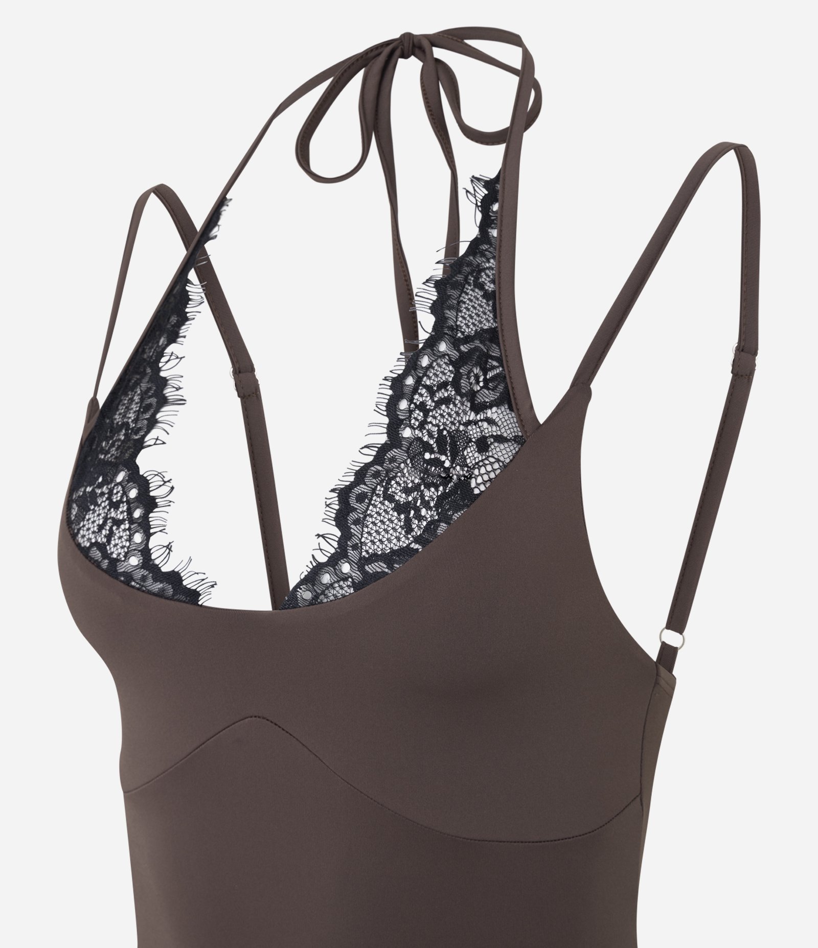 Body em Poliamida com Decote Halter e Detalhes em Renda Marrom 2