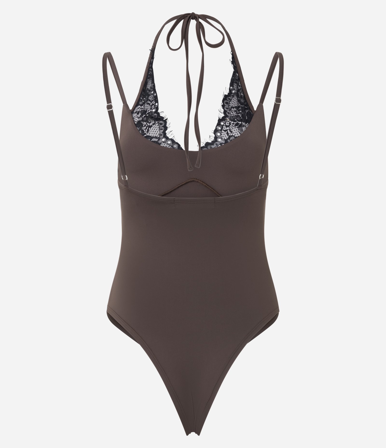 Body em Poliamida com Decote Halter e Detalhes em Renda Marrom 3