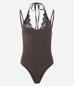 Body em Poliamida com Decote Halter e Detalhes em Renda