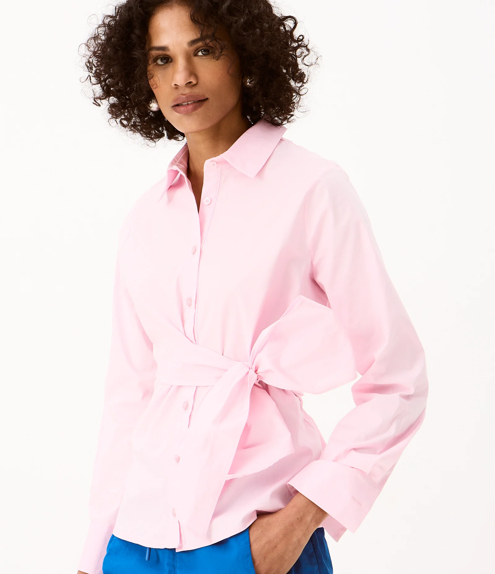 Camisa em Tricoline com Amarração na Cintura Rosa 2