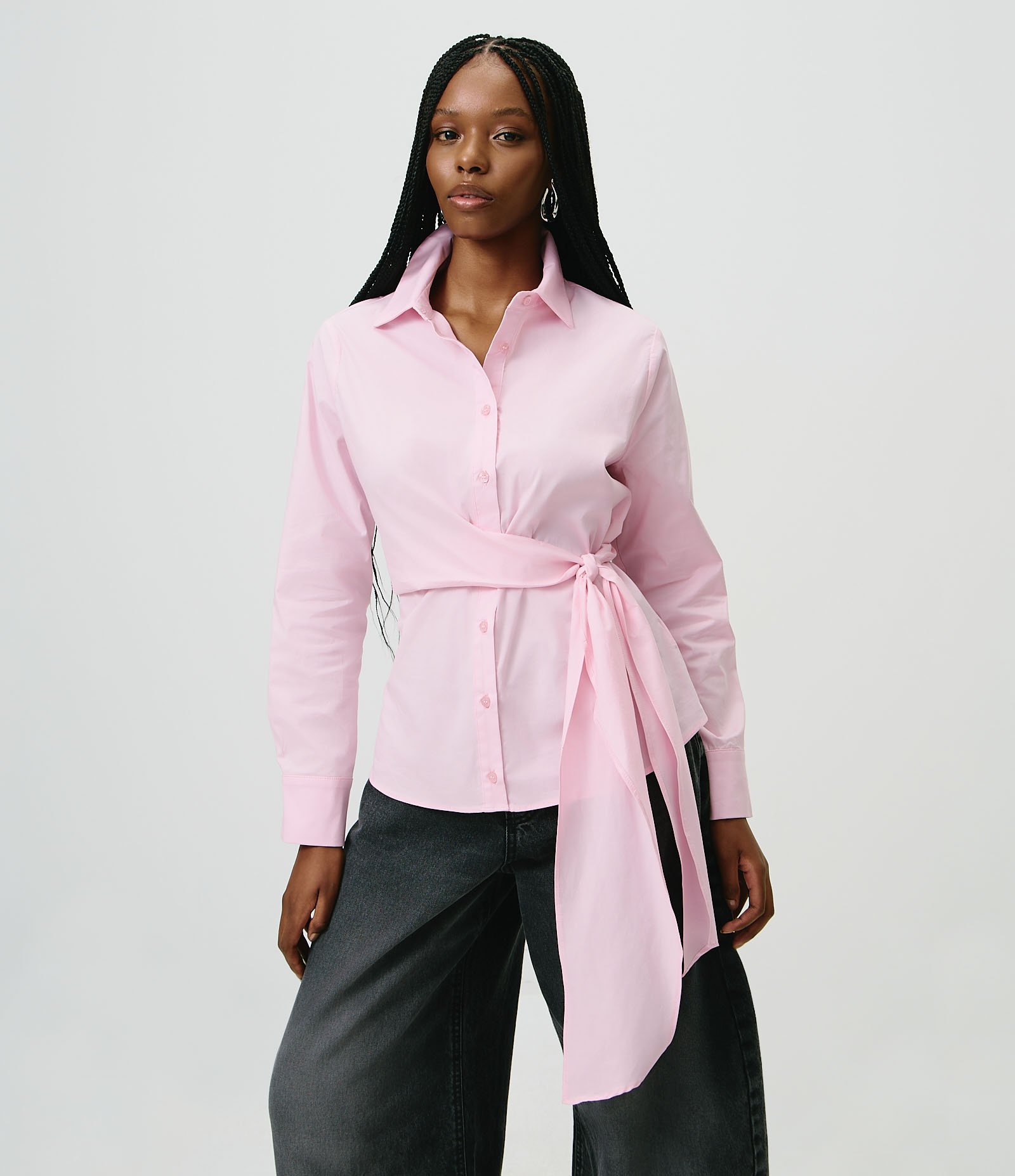 Camisa em Tricoline com Amarração na Cintura Rosa 3