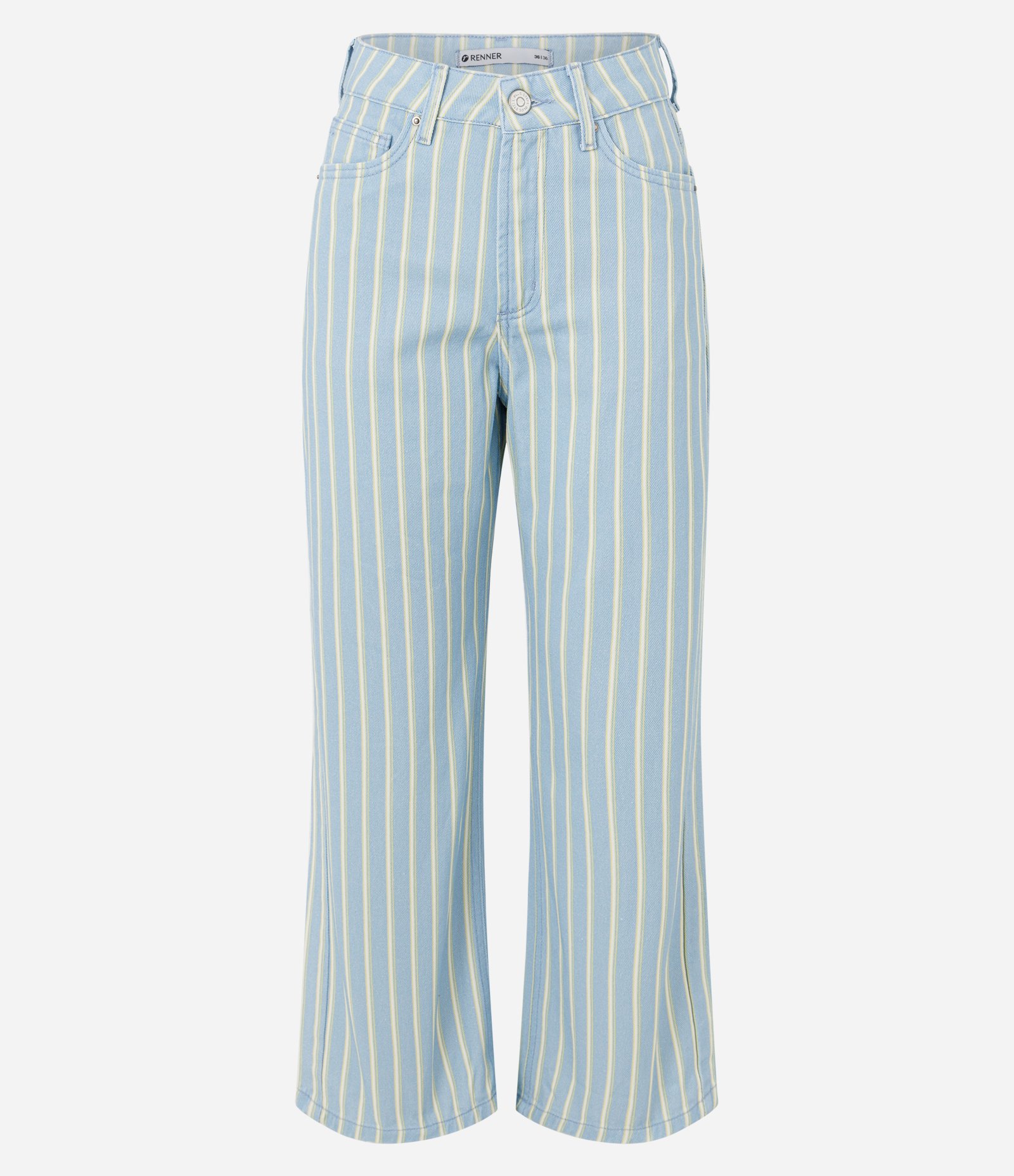 Calça Reta Cropped em Sarja com Estampa Listrada Azul 1