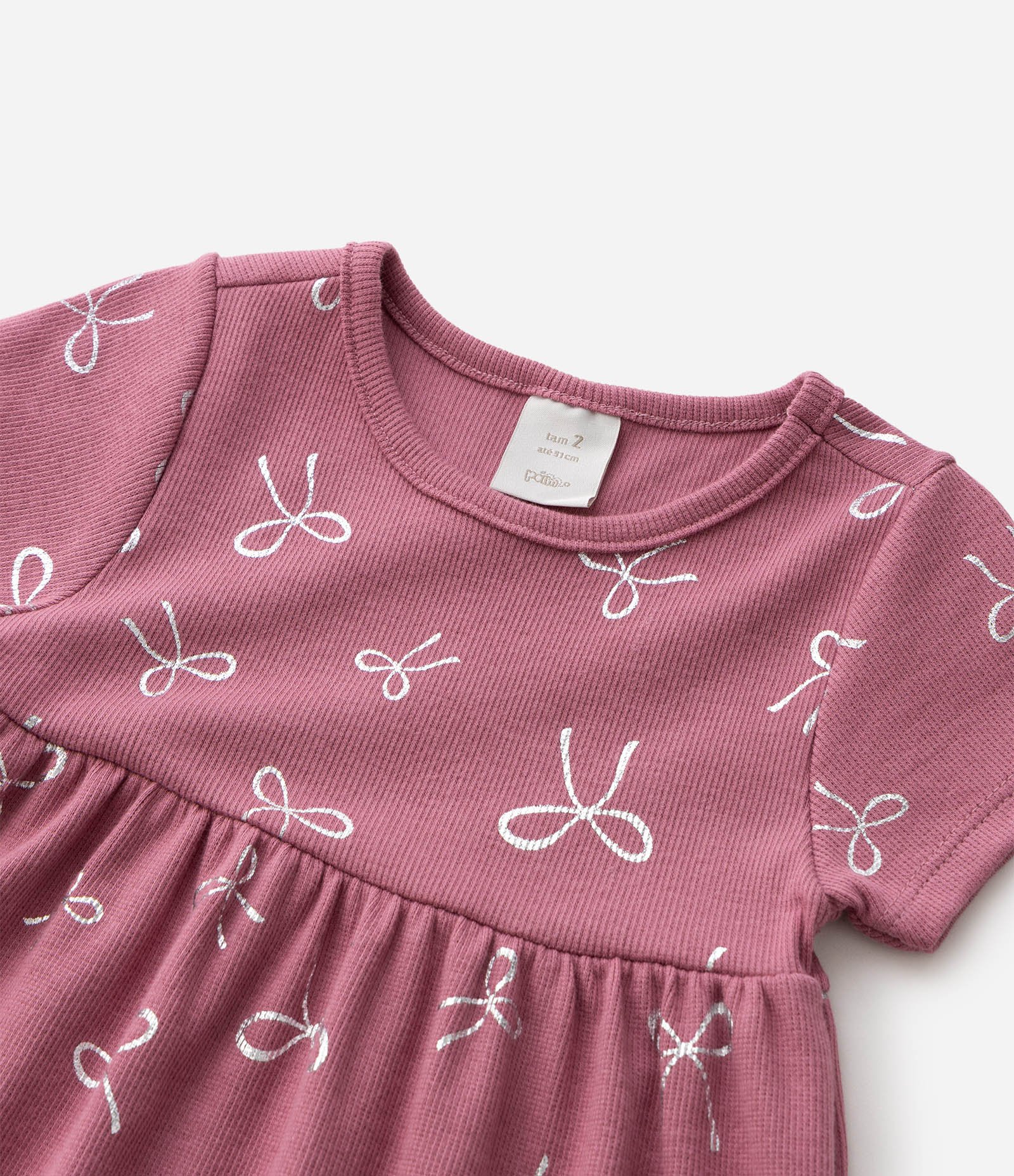 Vestido Infantil em Algodão Canelado com Lacinhos Foil - Tam 1 a 6 Anos Rosa 5
