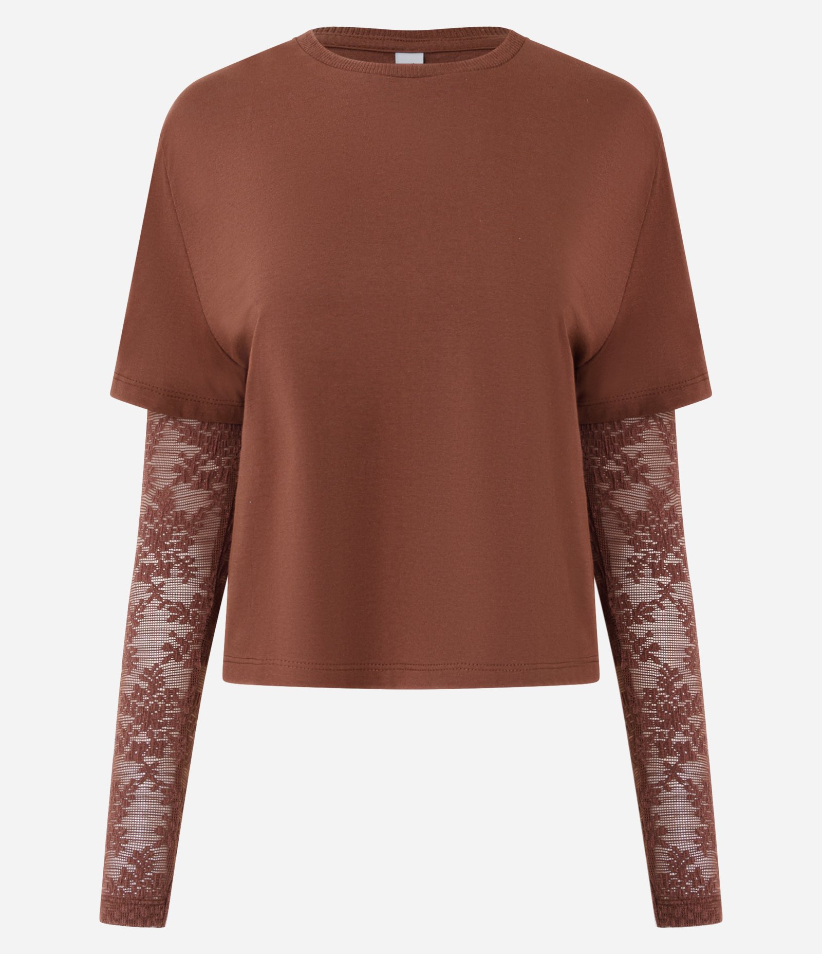 Camiseta Sobreposta com Mangas em Renda Marrom 4