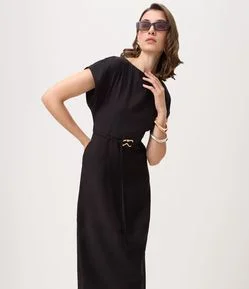 Vestido Midi em Sarja com Faixa e Fivela Metalizada