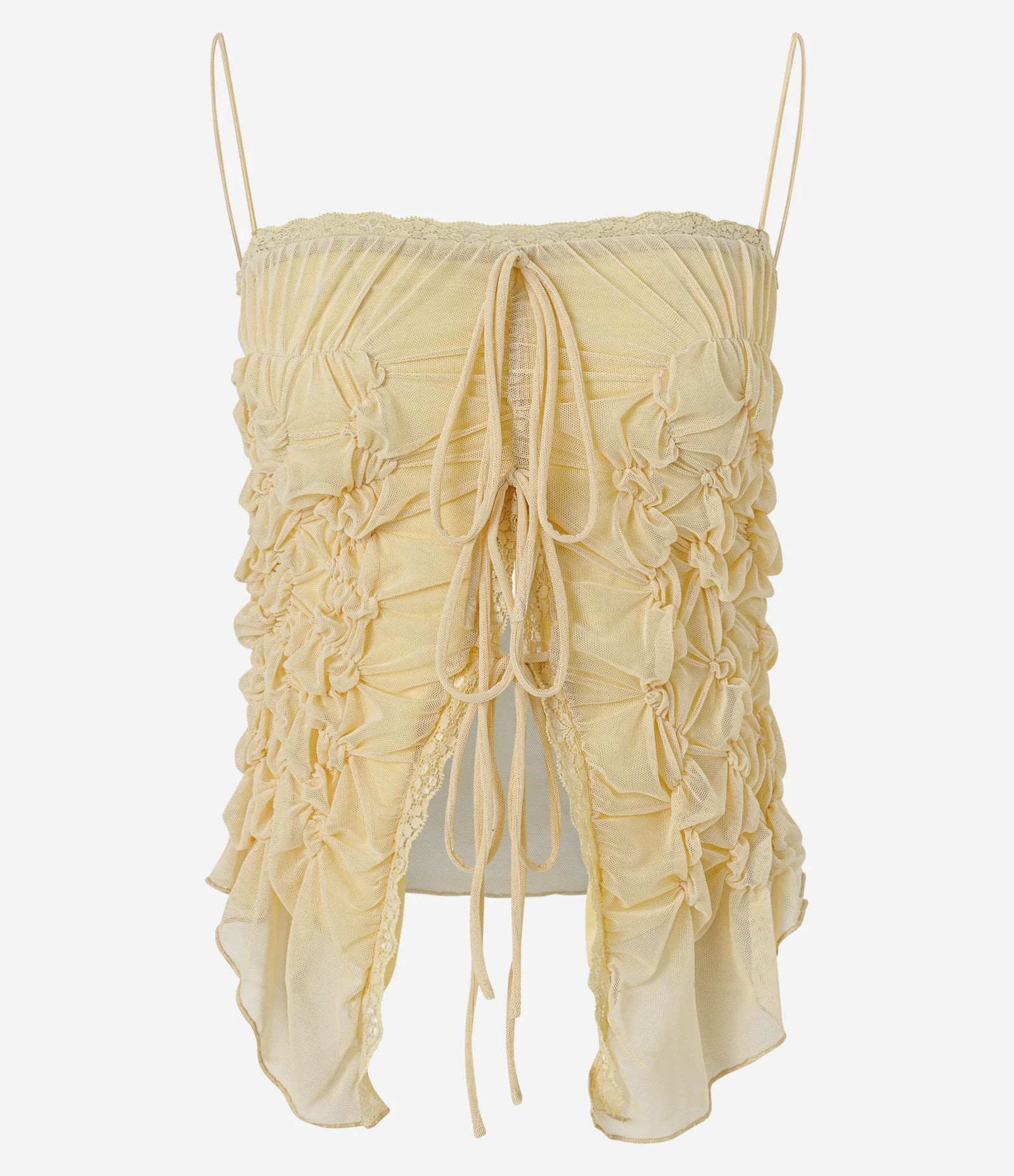 Blusa Tomara que Caia em Tule com Drapeado e Barra Assimétrica Amarelo 1