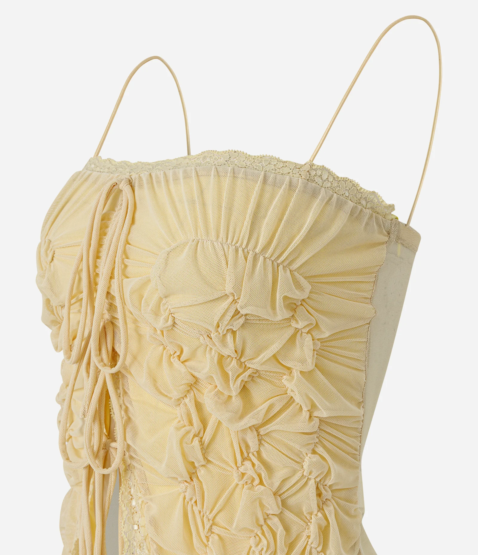 Blusa Tomara que Caia em Tule com Drapeado e Barra Assimétrica Amarelo 2