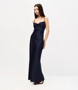 Vestido Long Midi em Cetim com Decote Degagê e Costas Abertas
