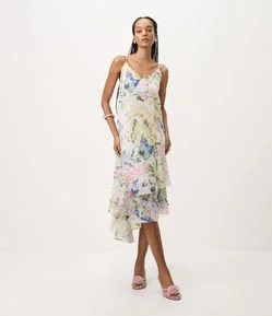 Vestido com Estampa Floral e Babados