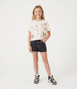 Camiseta Infantil em Algodão com Paetê de Corações - Tam 5 a 16 Anos
