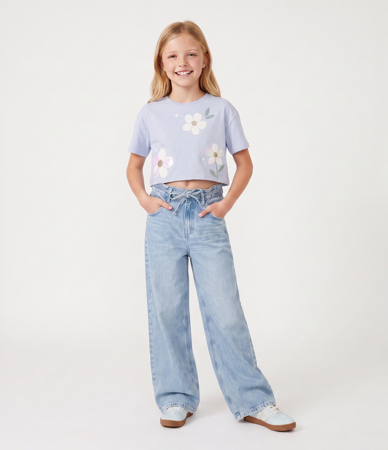Camiseta Infantil Em Algodão Paetê De Flores - Tam 5 a 16 Anos Azul 1