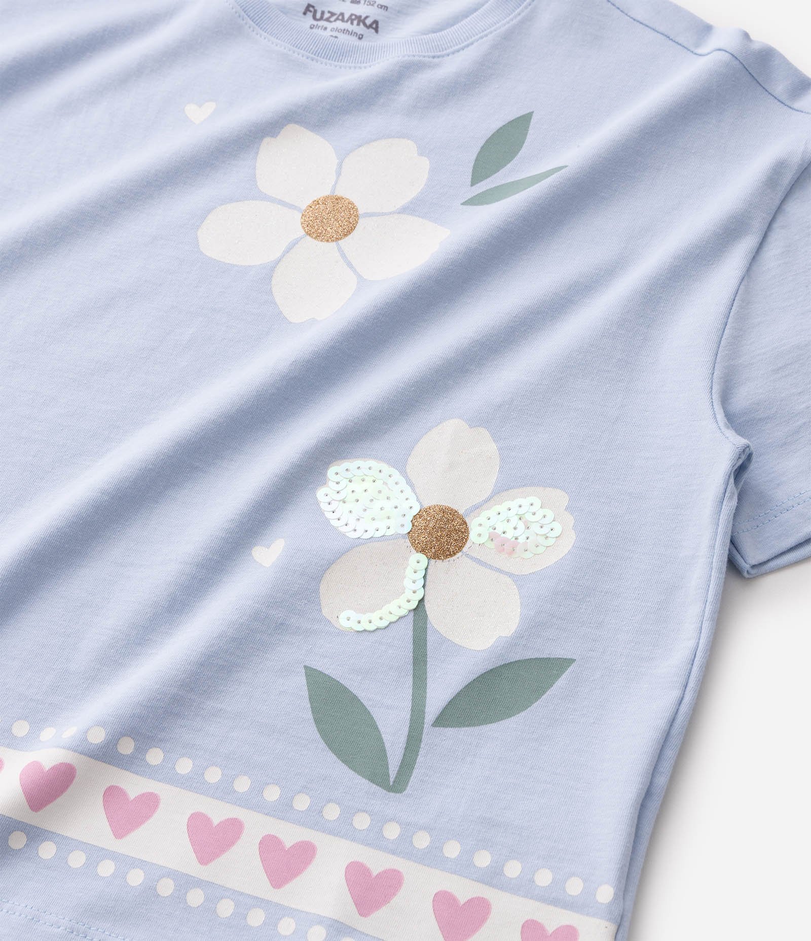 Camiseta Infantil Em Algodão Paetê De Flores - Tam 5 a 16 Anos Azul 5